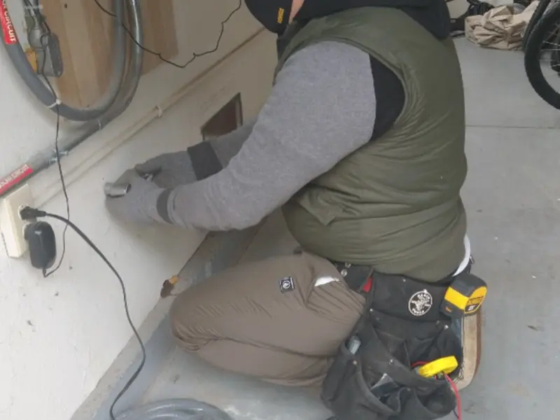 Electrician performing outlet wiring in a Travelers Rest garage
